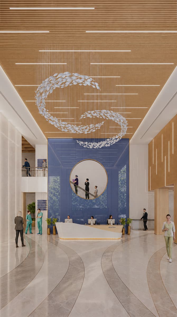 Double-height hospital lobby with natural daylight and sculptural reception