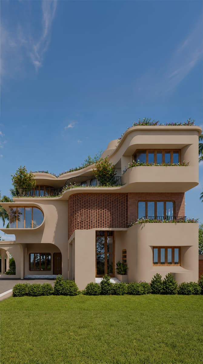 Sculptural building facade with seamless curved geometry and cascading vegetation